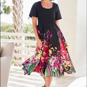 Draper's and Damon's Black Floral Godet Smocked Midi Dress